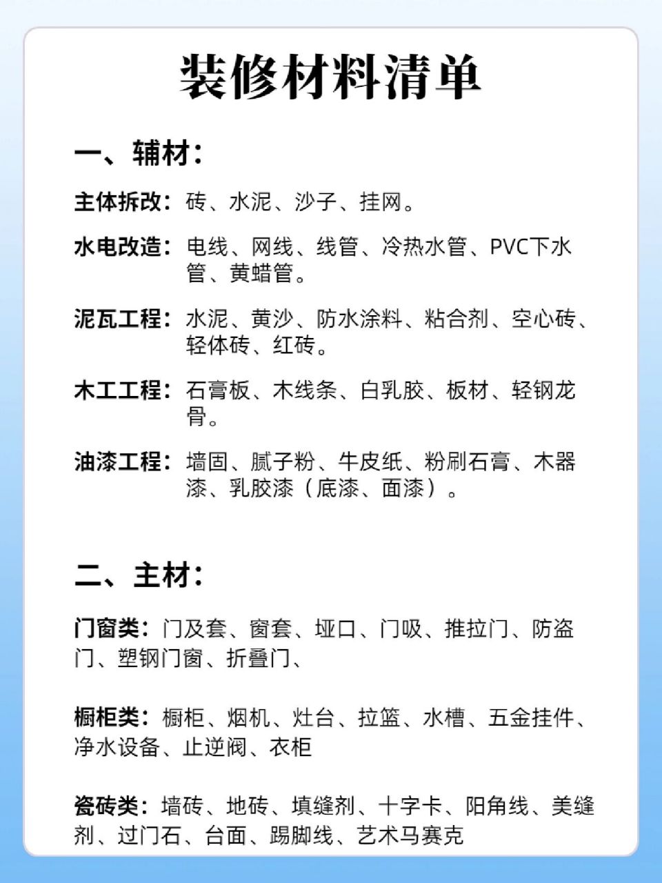 全屋装修材料清单 辅材、主材、家具家电全面梳理